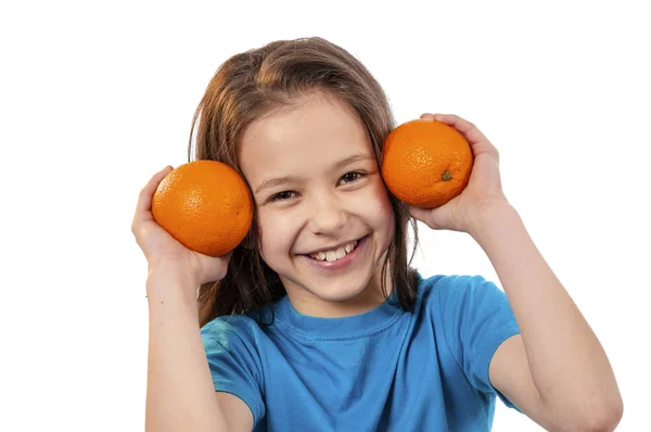 Criança Sorridente Feliz Com Frutas Isolada Branco — Fotografia de Stock