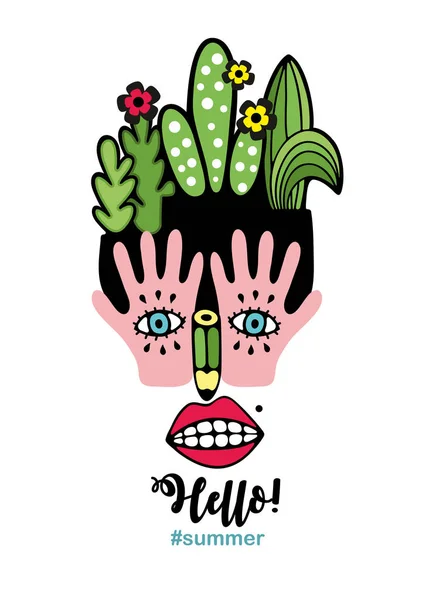Illustratie van abstract vrouw met planten op het hoofd. — Stockvector