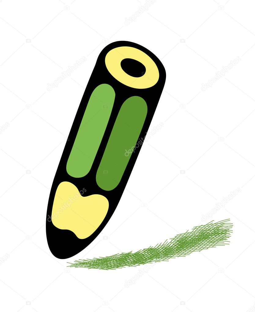 Cartoon illustration of green pencil. Vector art.
