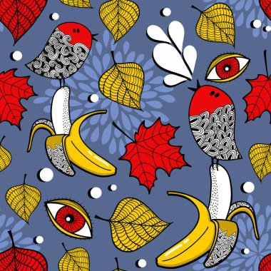 Kırmızı akçaağaç yaprakları ve orman kuşları ile Seamless modeli. Çizgi film vektör çizim. Tropikal muz sonsuz duvar kağıdı doodle.