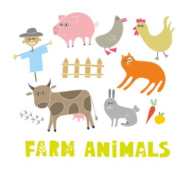Doodle çiftlik hayvanları yaratıcı kümesi. Vektör sanat.
