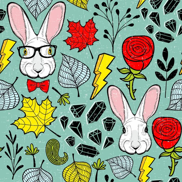 眼鏡のウサギとのシームレスなパターン 漫画のベクトル図です 無限の壁紙を落書き — ストックベクタ