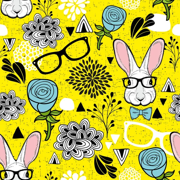 流行に敏感なウサギとのシームレスなパターン ウサギの漫画ベクトル イラスト 青いバラの落書き無限壁紙 — ストックベクタ