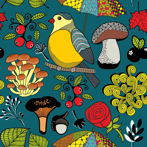 Seamless pattern with autumn forest and bird. — Stock Vector