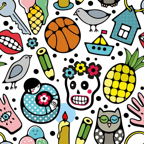 Seamless pattern with doodle characters and objects. — Stock Vector