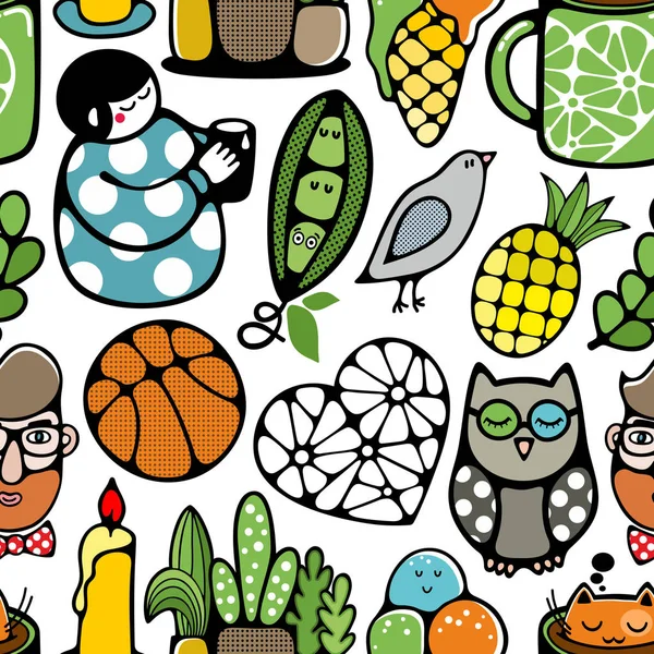 Padrão sem costura com personagens doodle e objetos . — Vetor de Stock