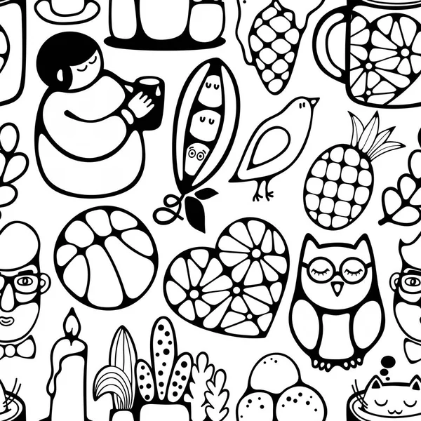 Black and white seamless pattern with characters and objects. — Stock Vector