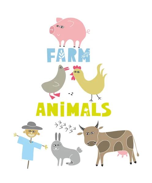 Decorative print with farm animals and pets. — Stock Vector