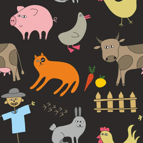 Tiere im Doodle-Stil auf dunklem Hintergrund, nahtloses Muster für Kinder. — Stockvektor