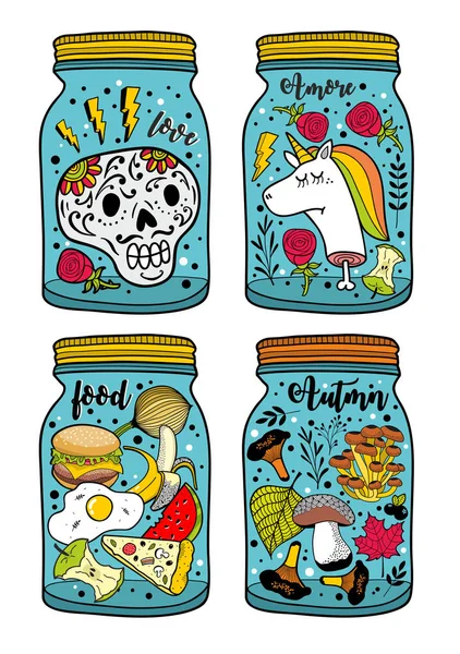 Colorful set of glass jars and monsters. — Stock Vector