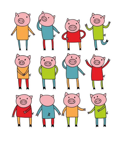 Set of cute doodle pigs. Vector art. — Stock Vector