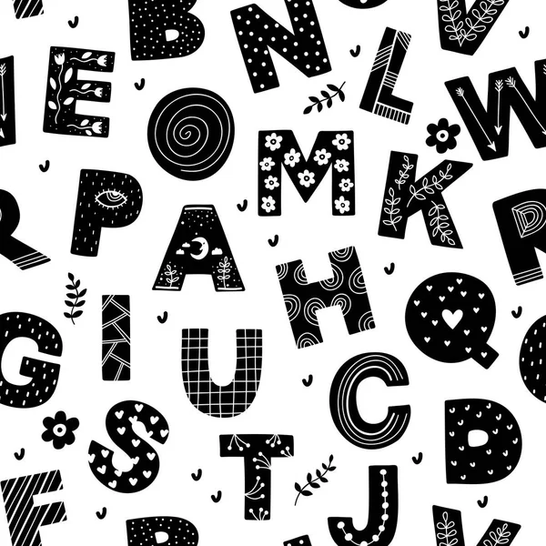 Motif sans couture noir et blanc avec lettres décoratives . — Image vectorielle
