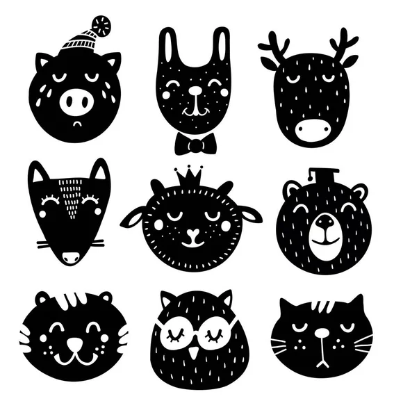 Mignon ensemble de têtes d'animaux noirs et blancs dessin dans un style scandinave . — Image vectorielle