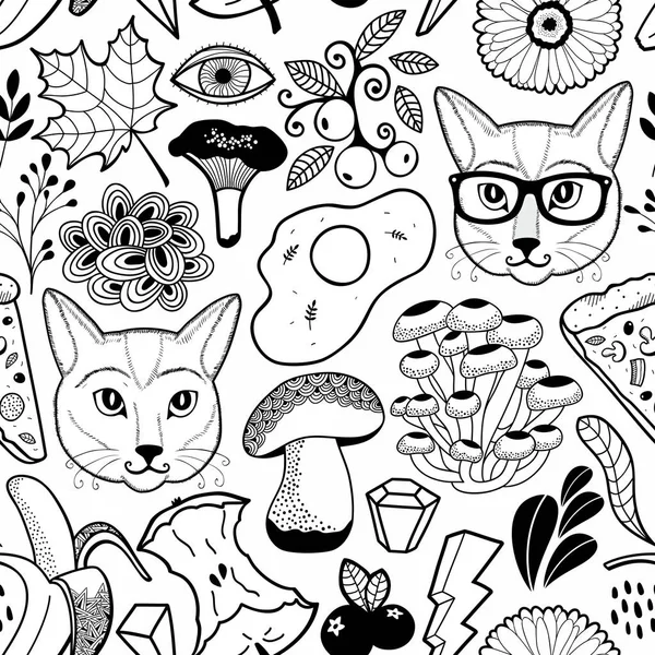 Black and white endless wallpaper with hipster cats and autumn mushrooms. — Stock Vector