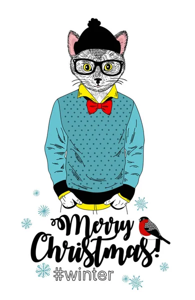 Merry Christmas card with funny cat animal in modern hipster style. — Stock Vector