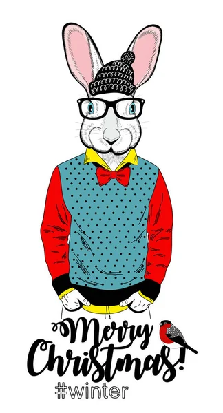 Feliz tarjeta de Navidad con divertido conejo blanco animal en estilo moderno hipster . — Vector de stock