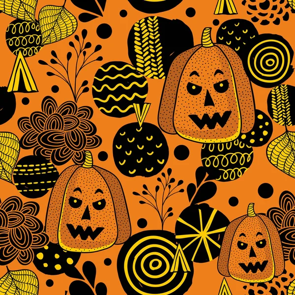 Decorative seamless pattern with autumn pumpkins and leaves. — Stock Vector