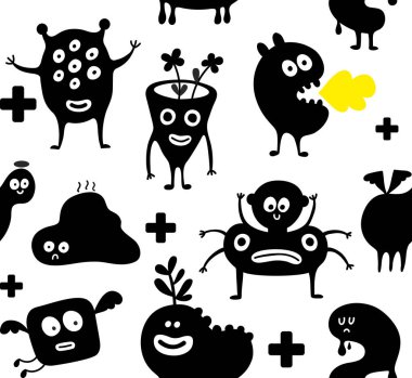 Beyaz arka plan üzerinde izole şirin komik canavarlar ile sorunsuz duvar kağıdı.