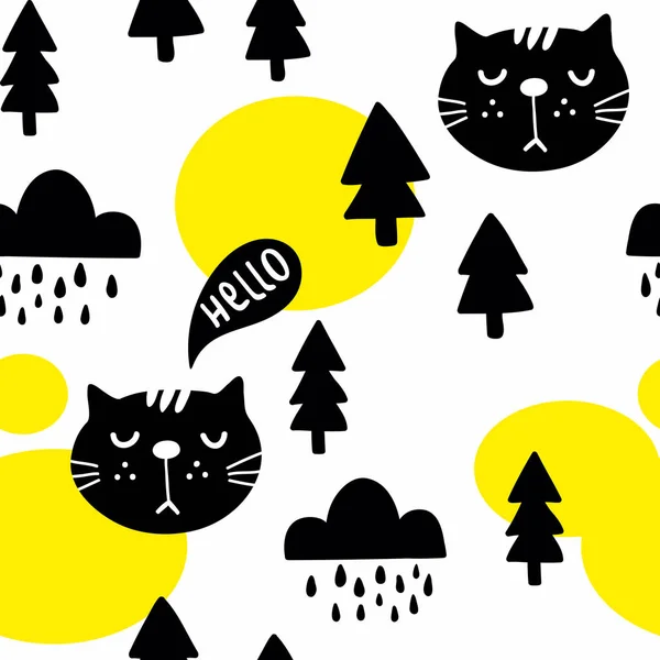 Seamless pattern with cute cats in the autumn forest. — Stock Vector