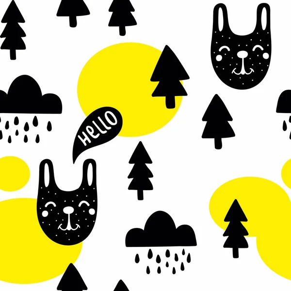 Seamless pattern with cute black animals and forest trees. — Stock Vector