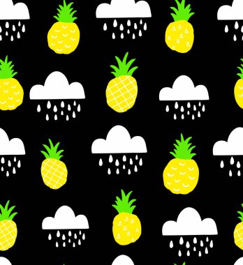Siyah arka plan üzerine doodle ananas ile Seamless Modeli.