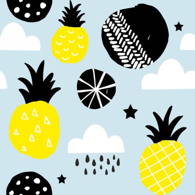 Tropikal meyve ve soyut şekilleri ile İskandinav tarzında sorunsuz arka plan.