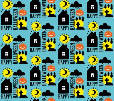 Cadılar Bayramı tasarımı ile Seamless modeli. Siyah ve sarı illüstrasyon mavi zemin üzerine.