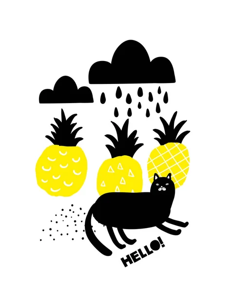 Black and yellow print with lazy black cat and yellow pineapples. — Stock Vector