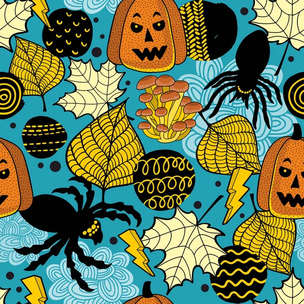 Nahtloses Muster mit Halloween-Kürbissen und schwarzen Spinnen. — Stockvektor