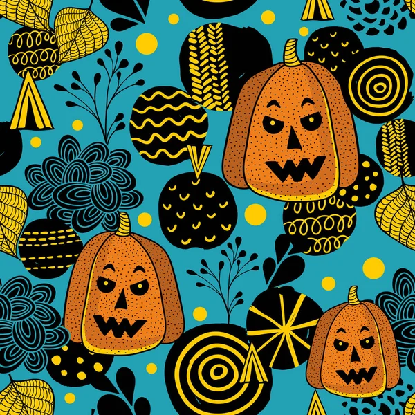 Seamless pattern with halloween pumpkins and abstract design elements. — Stock Vector