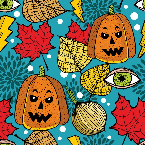 Seamless pattern with halloween pumpkins and colorful autumn leaves. — Stock Vector