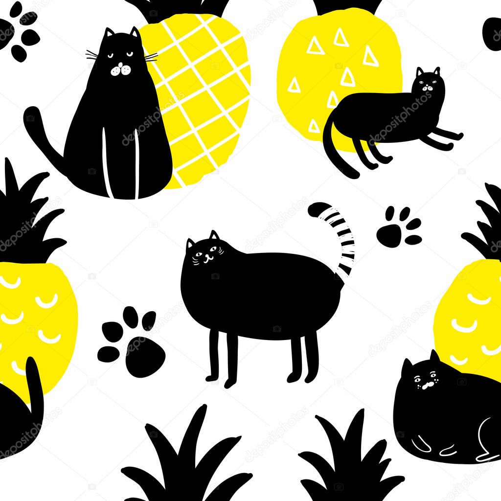 Endless pattern with black cats in scandinavian simple style.