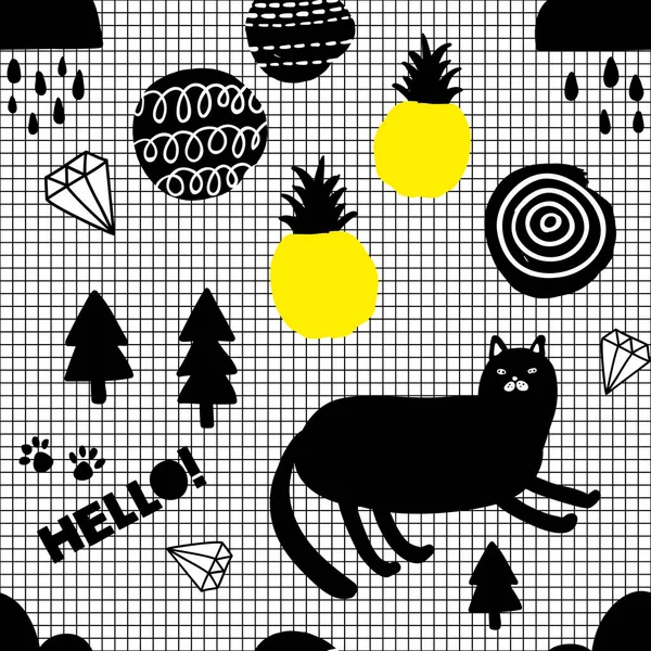 猫とパイナップルと現代のスカンジナビアスタイルの壁紙. — ストックベクタ