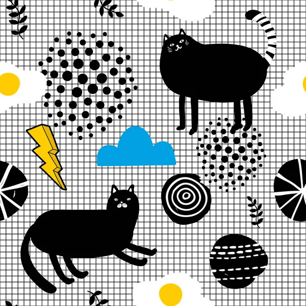 Seamles wallpaper in scandinavian style with black cats and yellow pineapples. — Stock Vector