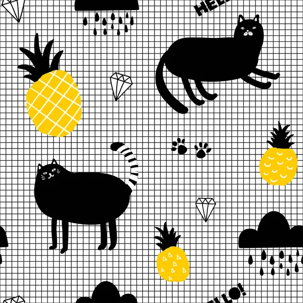 Creative seamles papel de parede em estilo escandinavo com gatos e abacaxis . —  Vetores de Stock