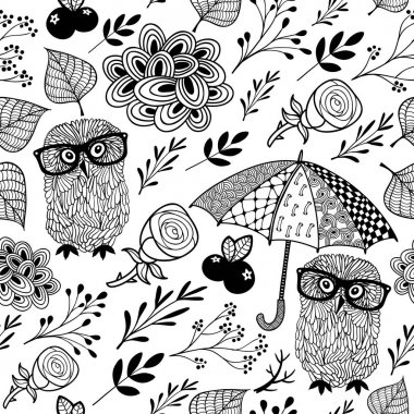 Baykuş ve bitkiler ile boyama kitabı için yaratıcı desen.
