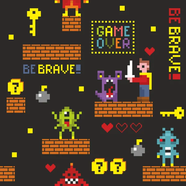 Retro piksel oyun karakterleri ile kesintisiz desen.