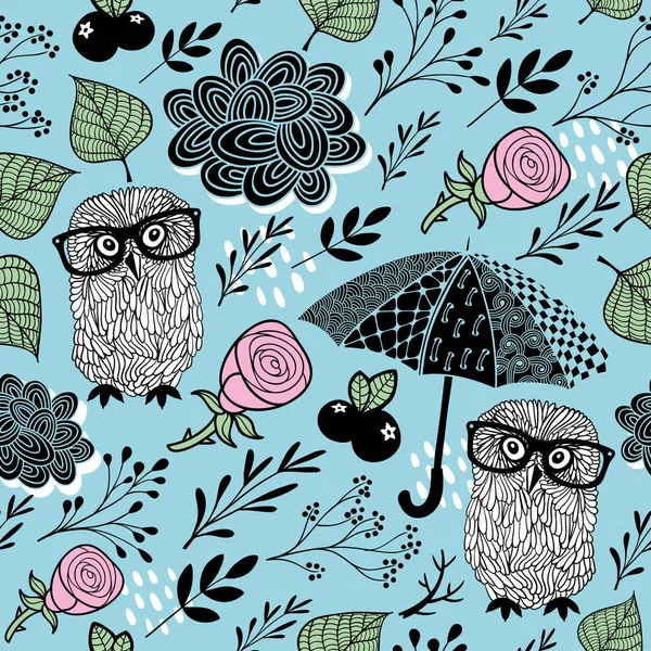 スマートフクロウと傘でかわいいシームレスな背景. — ストックベクタ