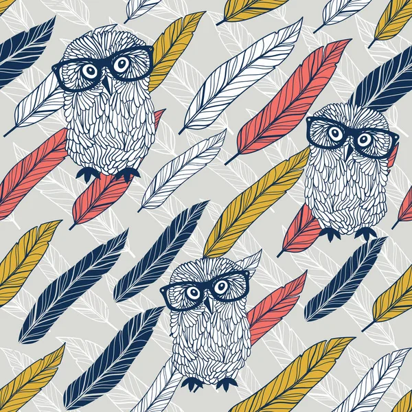 Smart Owl sömlös bakgrund med färgglada fjädrar. — Stock vektor