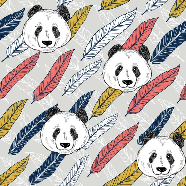 Panda seamless background with colorful feathers. Vector art. — Stock Vector