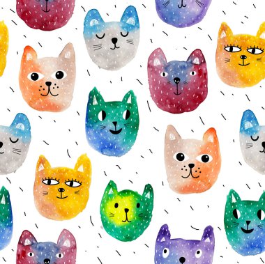 Sevimli kediler ile dikişsiz desen. Suluboya stili.