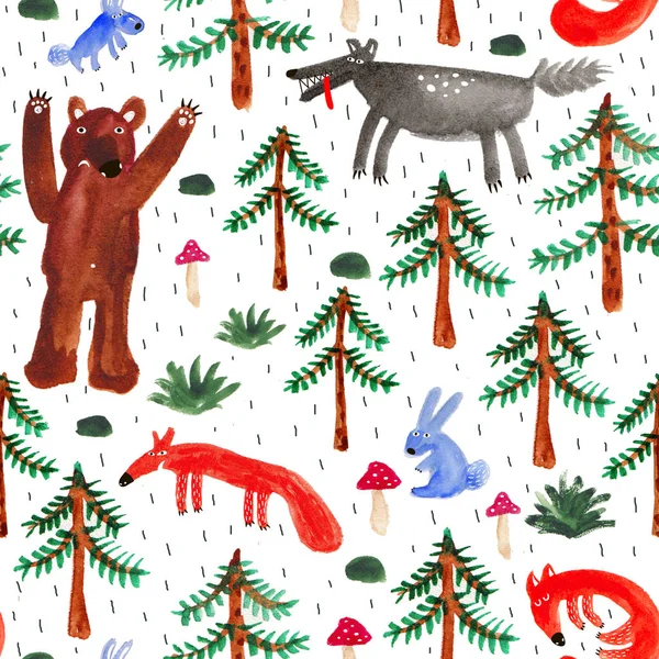 Nahtloses Muster mit lustigen Waldtieren und Bäumen. — Stockfoto