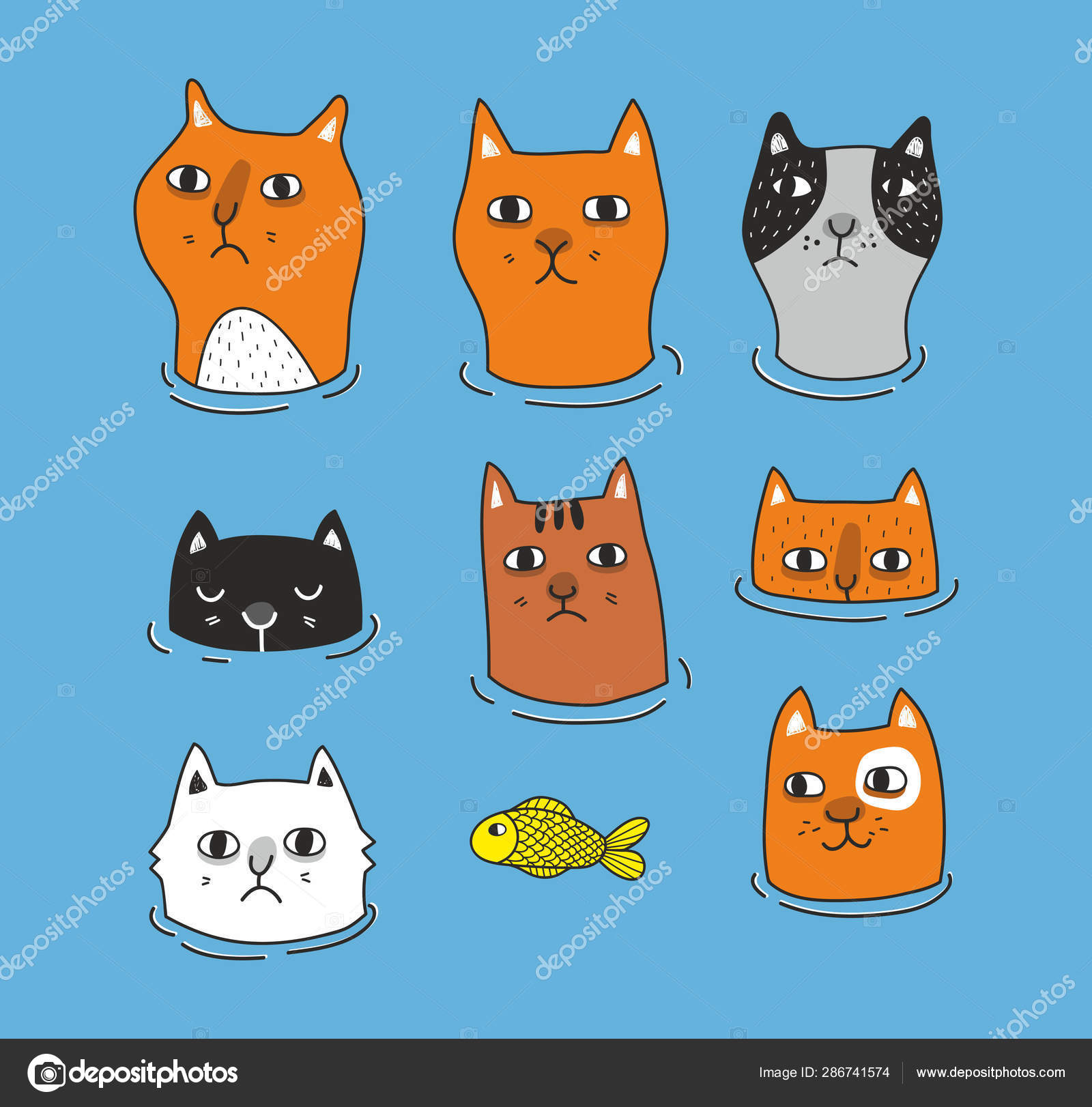 Cartoon Illustration of funny Cats ot Kittens Heads Collection Set