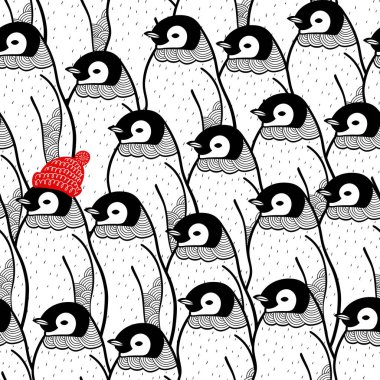 Buzun üzerinde kış kuşları ile sonsuz arka plan. Doodle penguenler sorunsuz desen.
