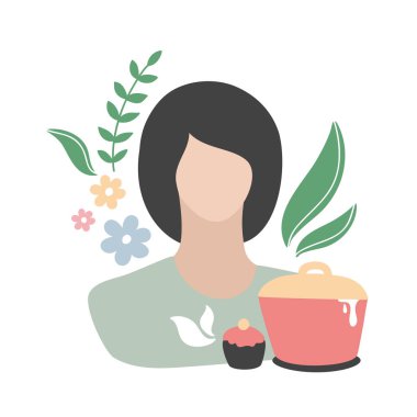 Onun meslekleri nesneleri ile Pretty genç kadın - tava ve kek.