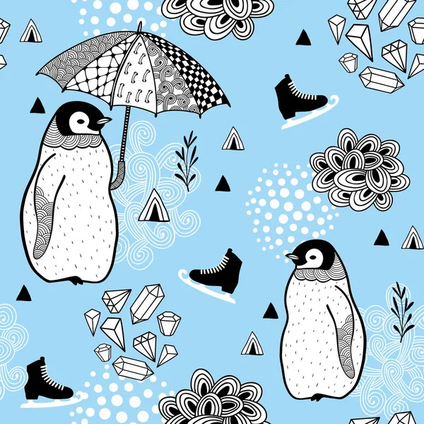 Seamless wallpaper with penguins and skates on blue winter background. — Stock Vector