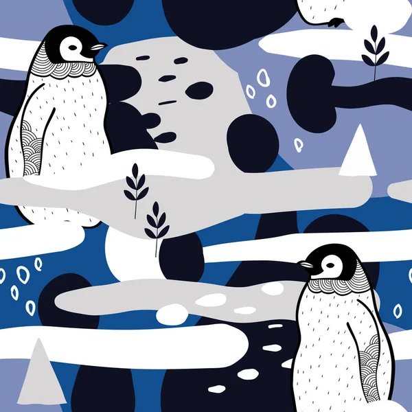 Kreativt, sömlöst mönster med abstrakta former och designelement. Pingviner i Antarktis. — Stock vektor