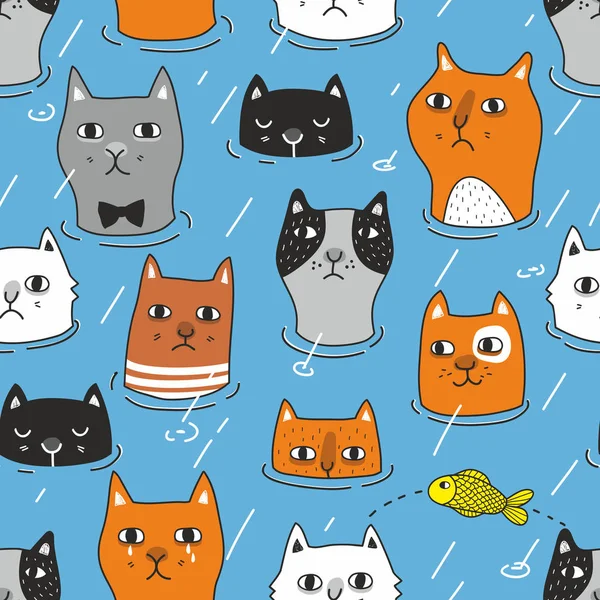 Funny sad cats in the water seamless pattern. — Stock Vector