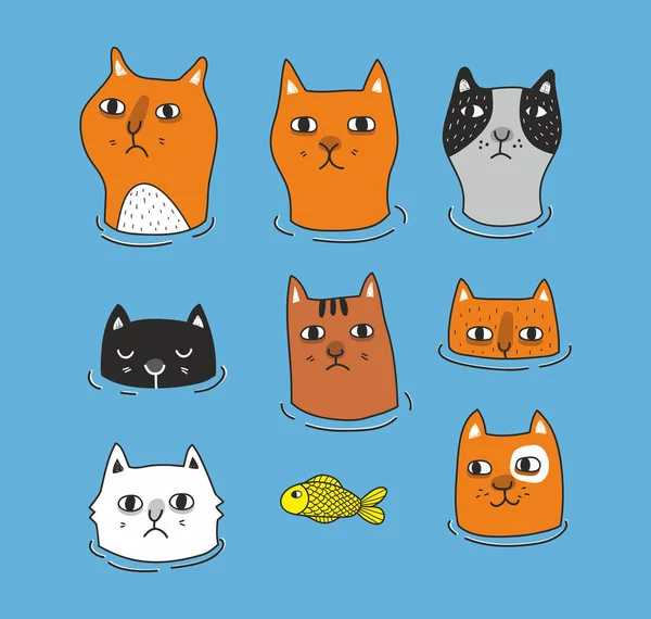 Set of cats heads isolated on blue background. — Stock Vector