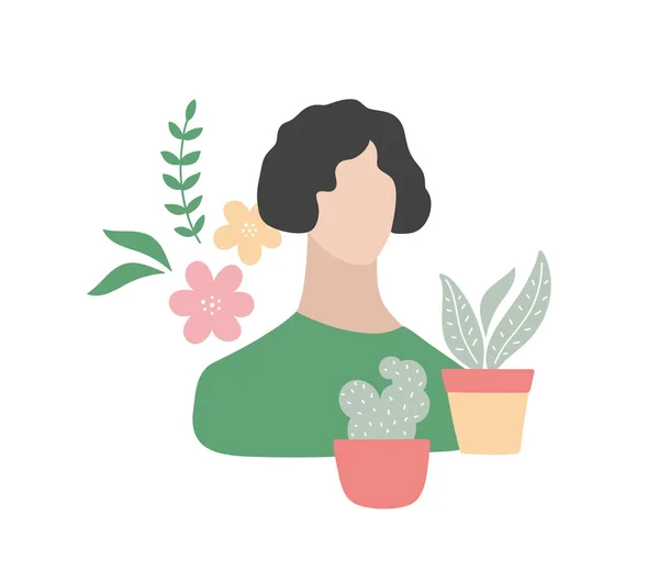 Bella giovane donna con le sue occupazioni oggetti piante e fiori domestici  . — Vettoriale Stock